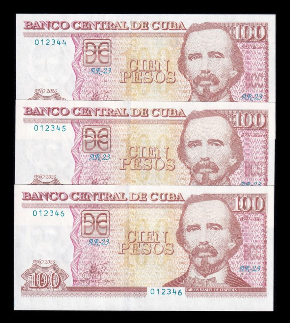 Cuba Set 3 billetes 100 Pesos 2026 Pick 124c Nuevo Numeración en escalera Sc Unc