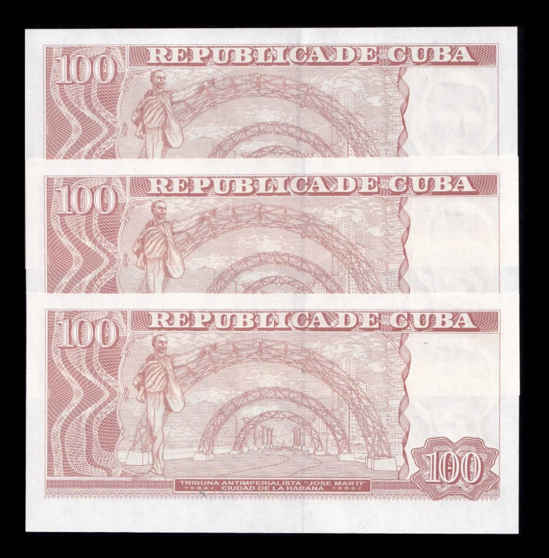 Alternative view of Cuba Set 3 billetes 100 Pesos 2026 Pick 124c Nuevo Numeración en escalera Sc Unc