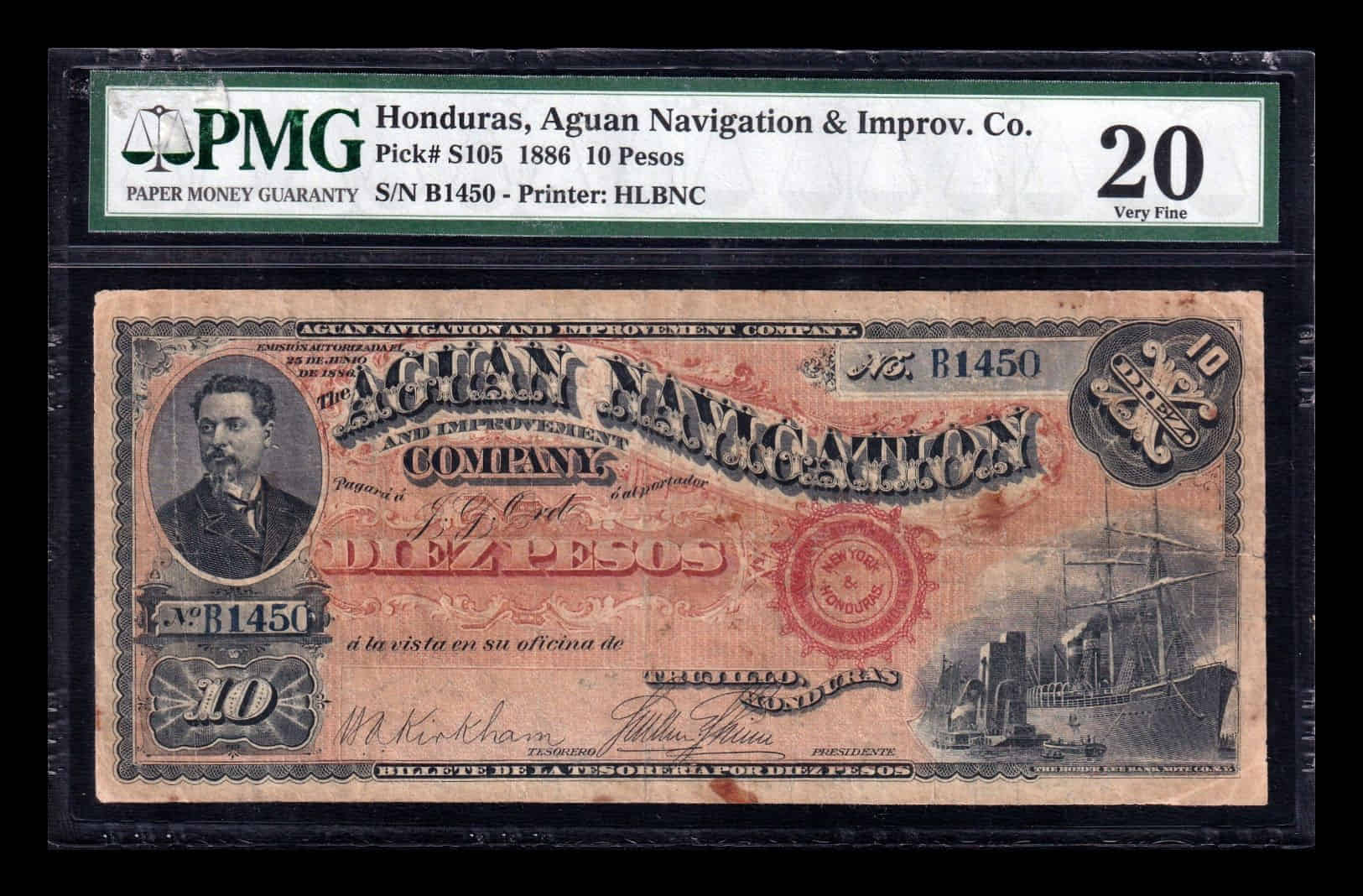 Honduras 10 Pesos Luis Bográn Barahona 1886 Pick S105 PMG 20 Mbc Vf