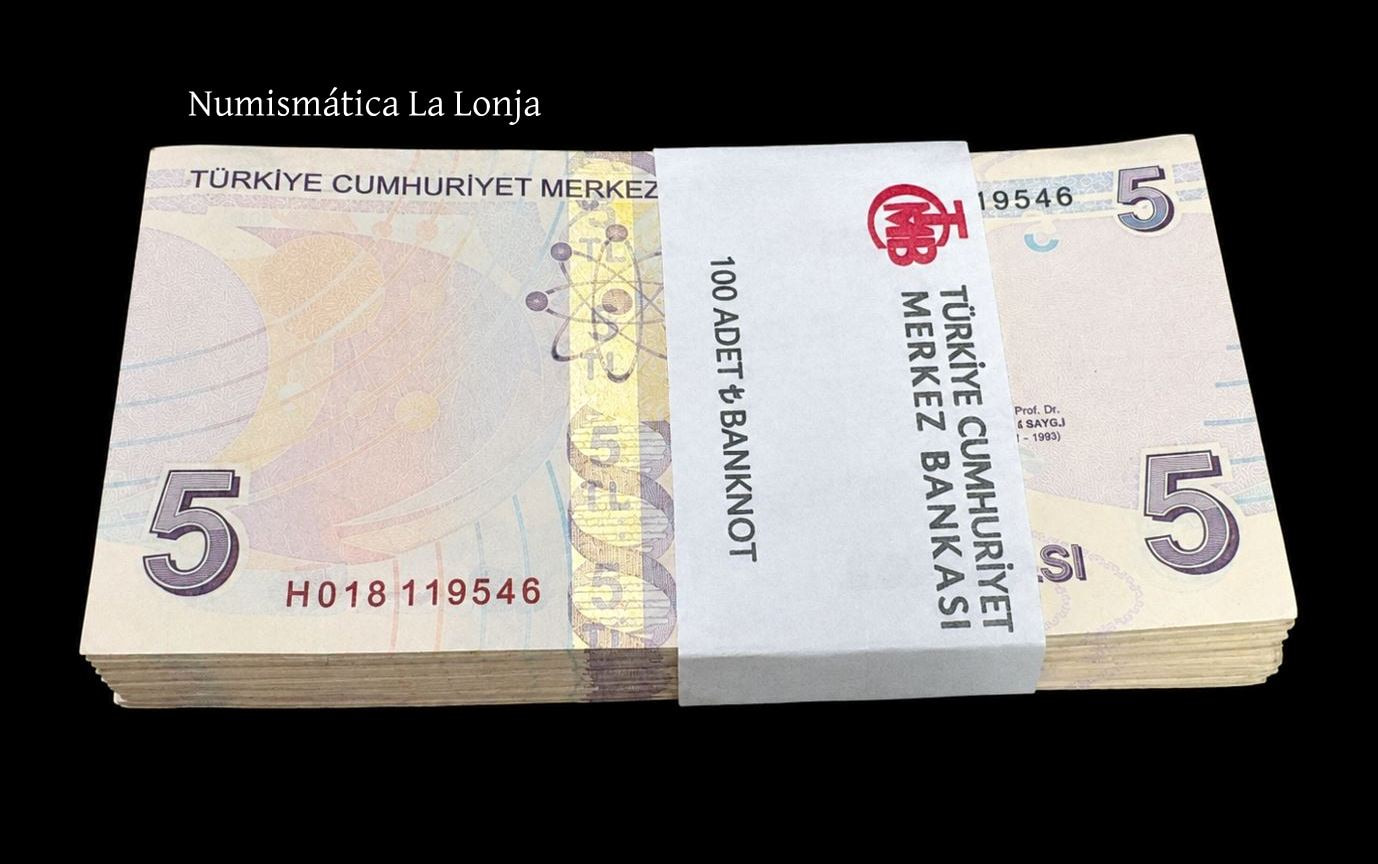 Alternative view of Turquia Taco 100 billetes 5 Lira L. 1970/2009 (2026) Pick 222g Nueva Firma Sc Unc