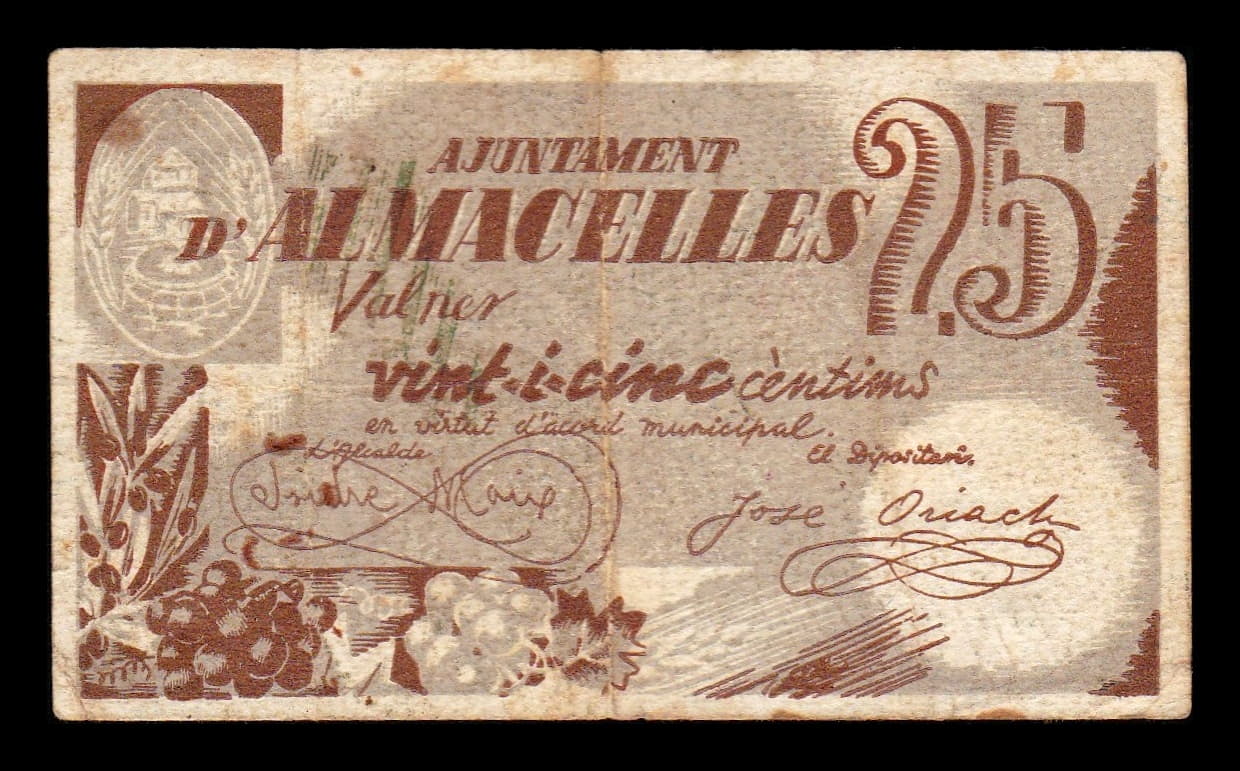 España Billete Local Guerra Civil Almacelles Lérida 25 Céntimos 1937 Mbc Vf