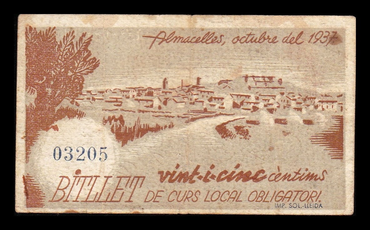 Alternative view of España Billete Local Guerra Civil Almacelles Lérida 25 Céntimos 1937 Mbc Vf