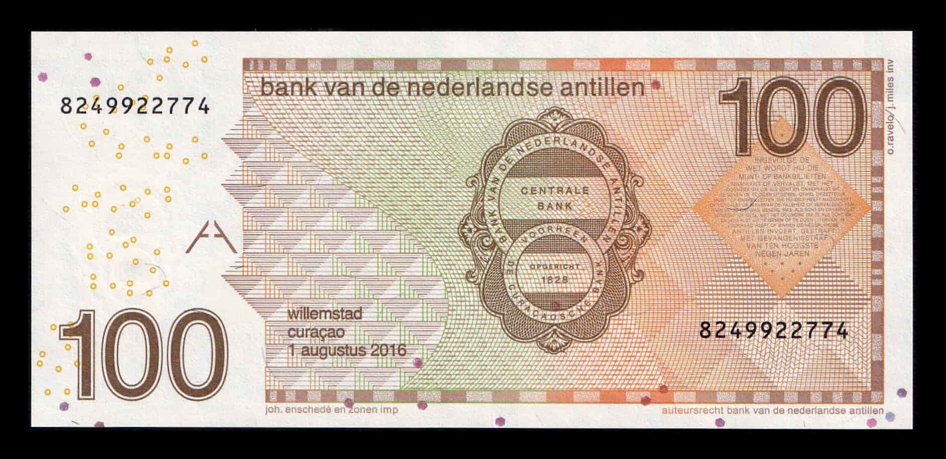 Alternative view of Antillas Holandesas 100 Gulden 2016 Pick 31h Sc Unc