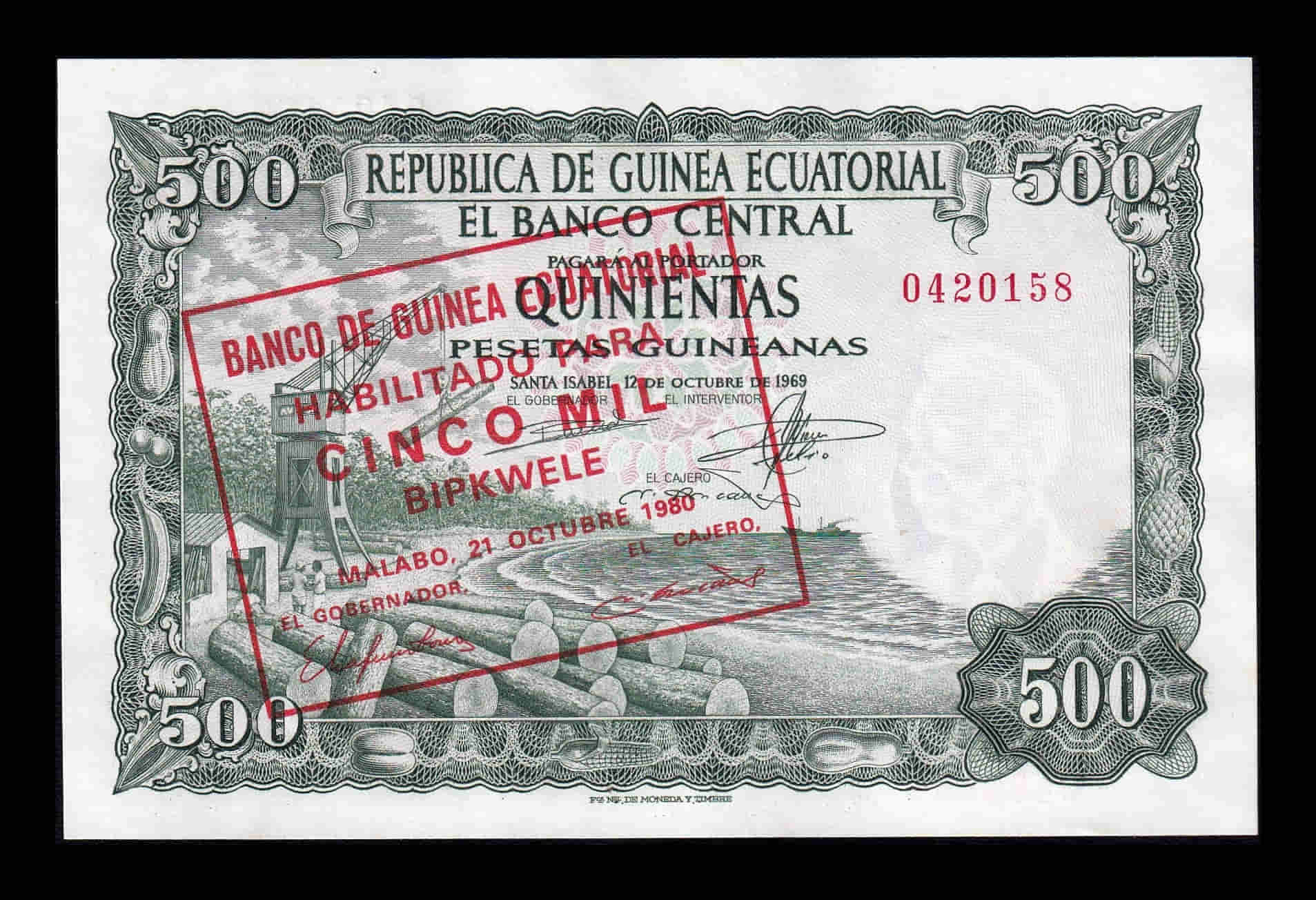 Guinea Ecuatorial 5000 Bipkwele en 500 Pesetas 1969 (1980) Pick 19 Sc Unc