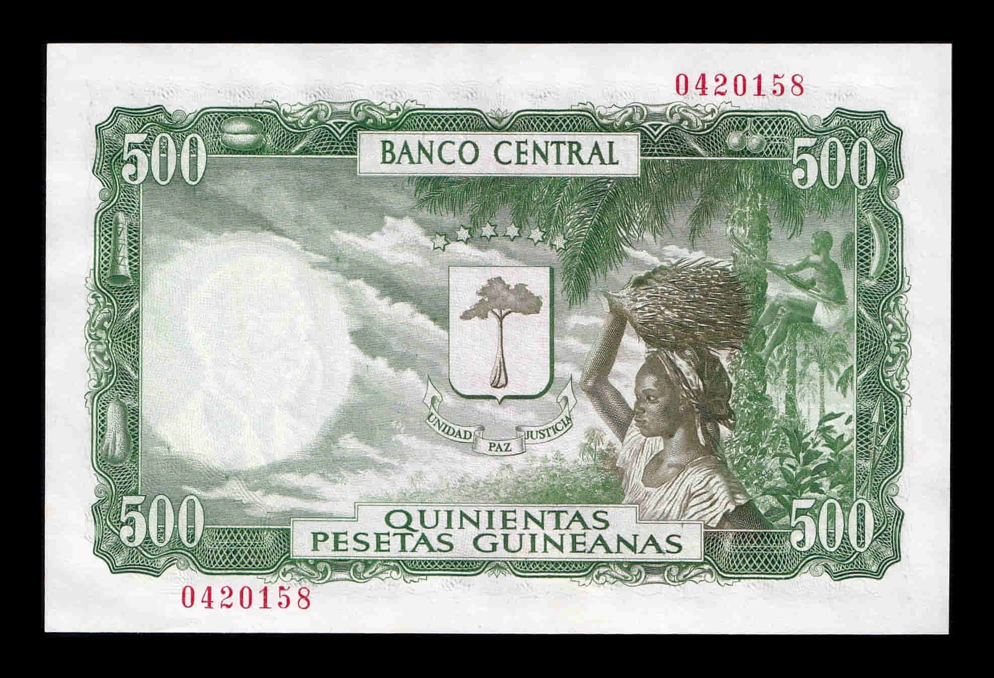 Alternative view of Guinea Ecuatorial 5000 Bipkwele en 500 Pesetas 1969 (1980) Pick 19 Sc Unc