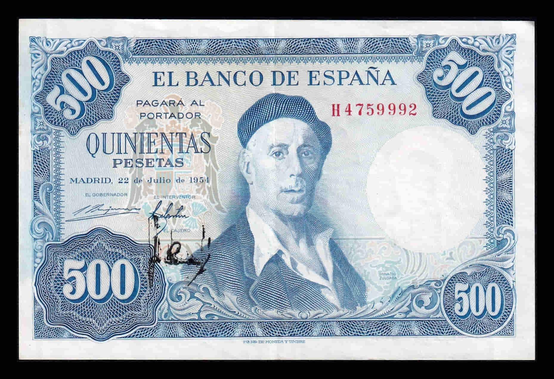 España 500 Pesetas Ignacio Zuloaga 1954 Pick 148 Serie H Ebc Xf