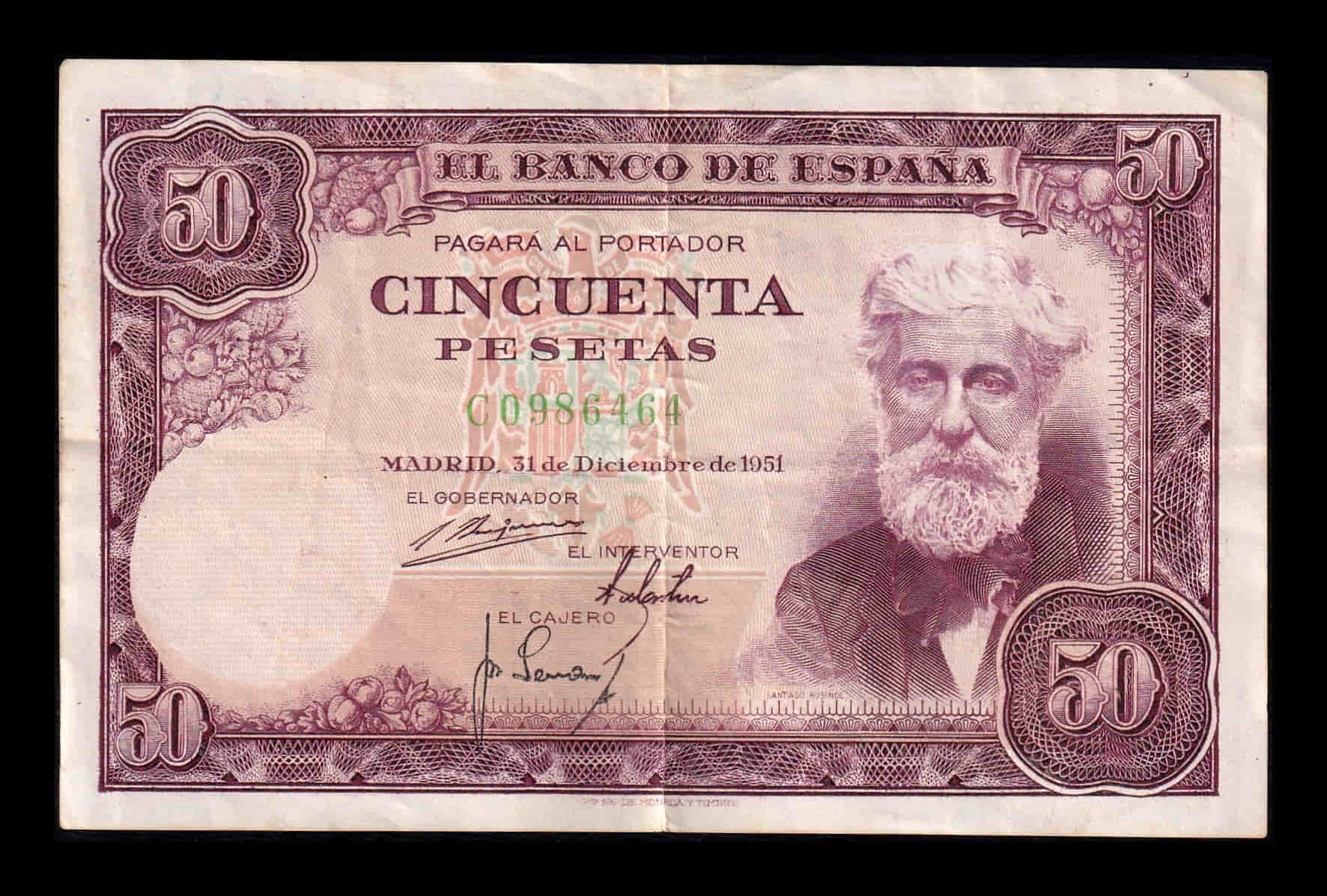 España 50 Pesetas Santiago Rusiñol 1951 Pick 141 Serie C Mbc/+ Vf/+