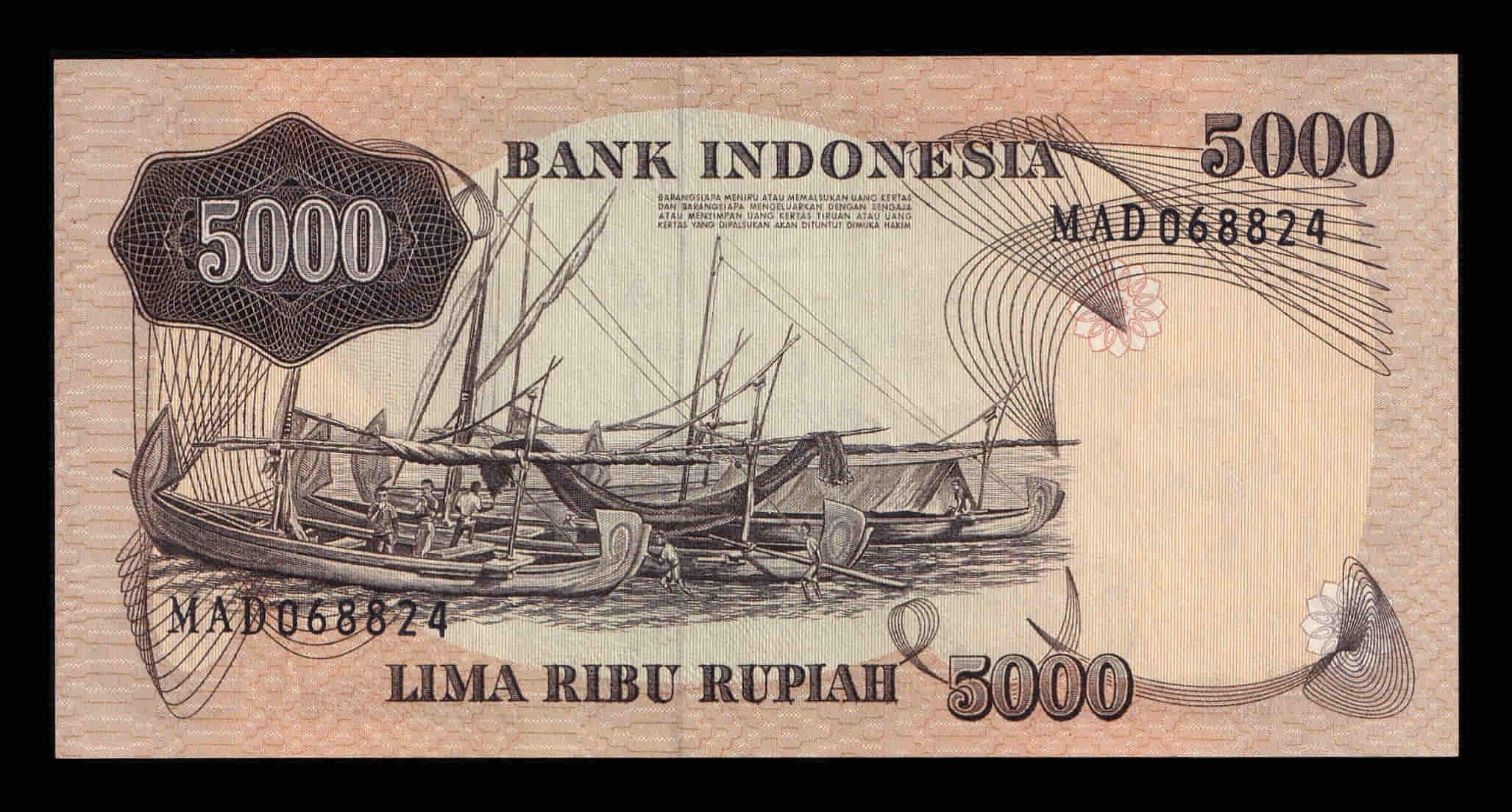 Alternative view of Indonesia 5000 Rupias 1975 Pick 114 Ebc/+ Xf/+
