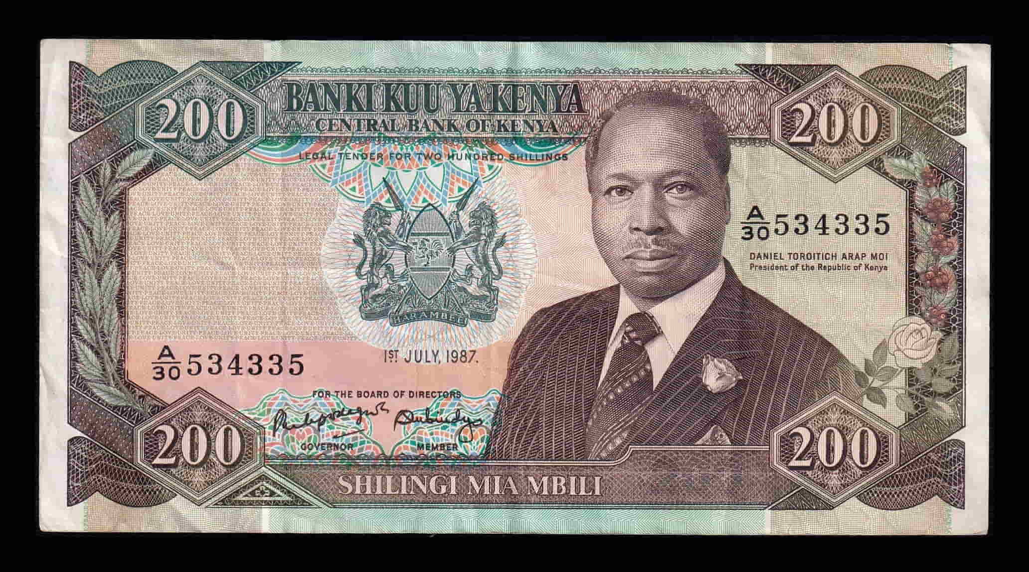 Kenia 200 Shillings Daniel Toroitich 1987 Pick 23Ab Mbc Vf
