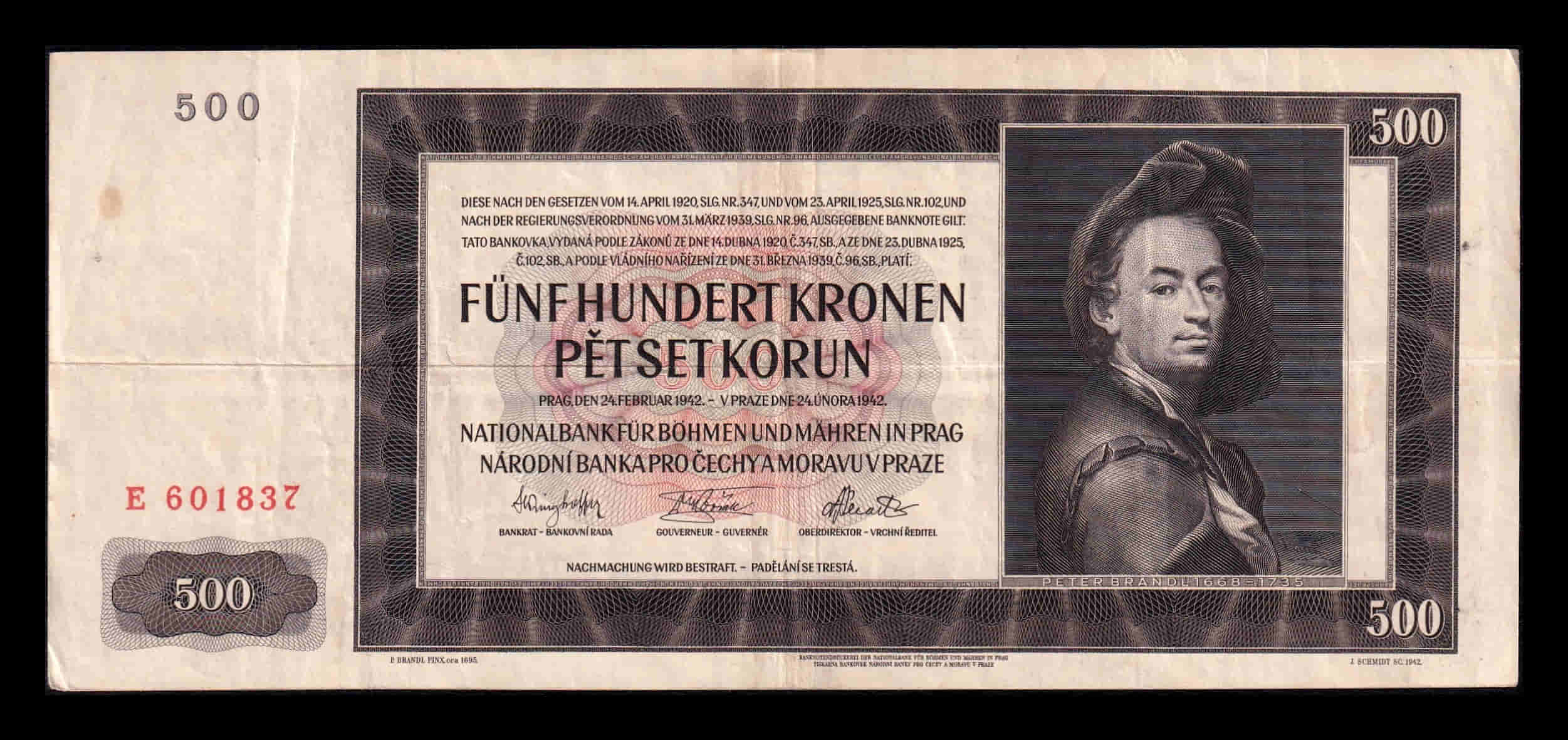 Bohemia & Moravia 500 Korun Pedro Brandl 1942 Pick 11a Mbc Vf
