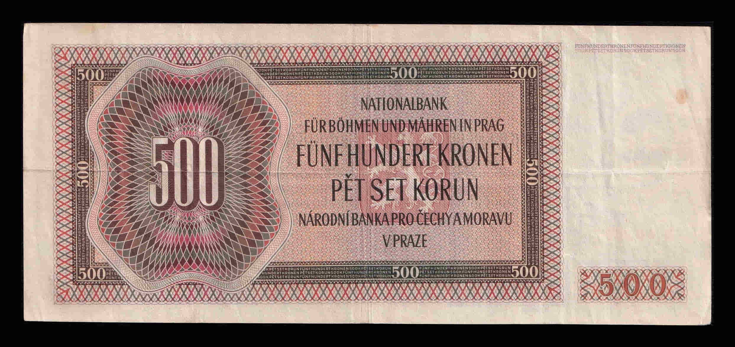 Alternative view of Bohemia & Moravia 500 Korun Pedro Brandl 1942 Pick 11a Mbc Vf