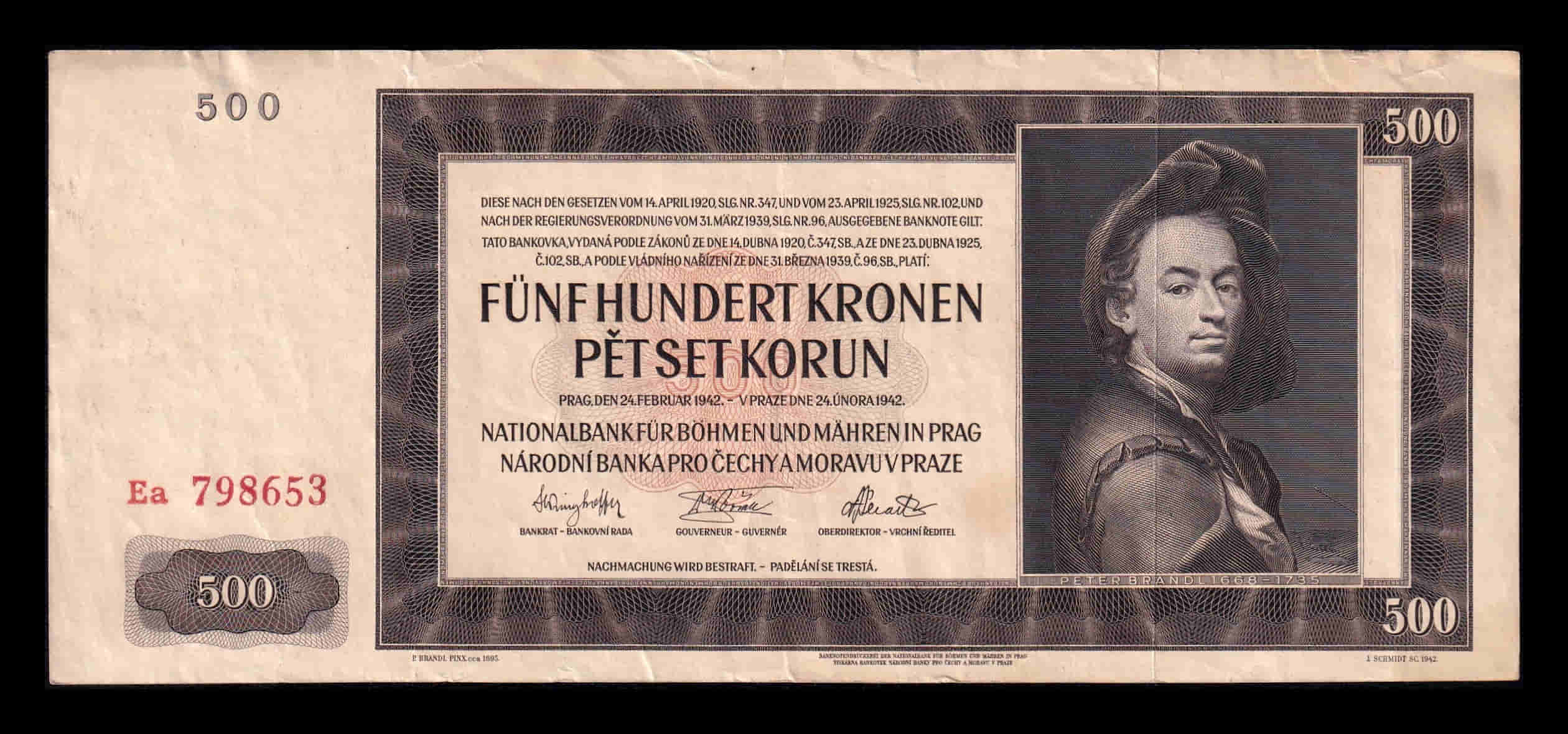 Bohemia & Moravia 500 Korun Pedro Brandl 1942 Pick 12a Ebc Xf
