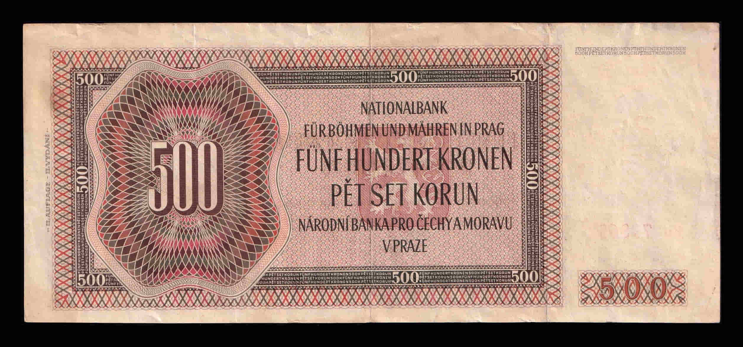 Alternative view of Bohemia & Moravia 500 Korun Pedro Brandl 1942 Pick 12a Ebc Xf