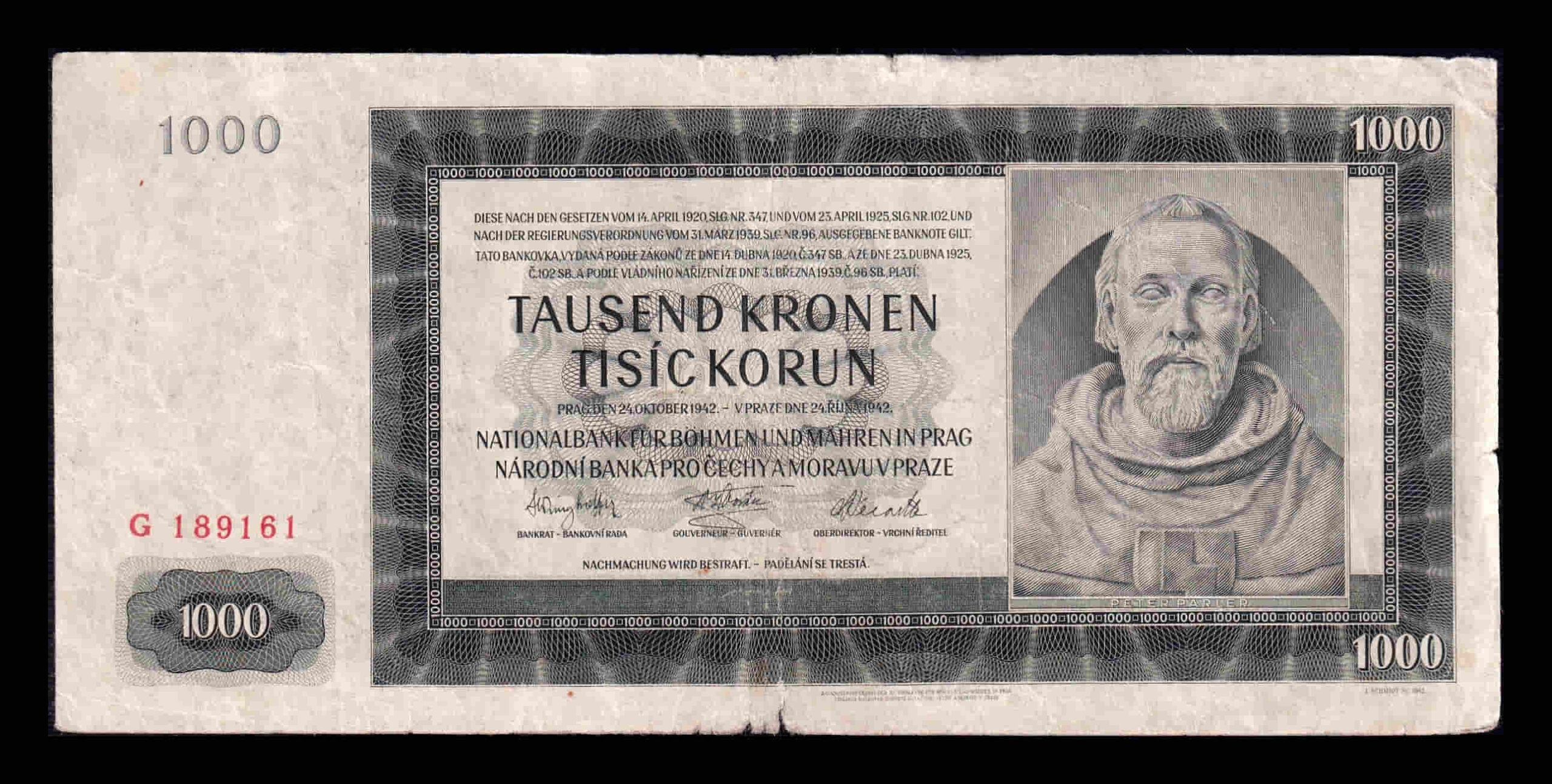 Bohemia & Moravia 1000 Korun Peter Parler 1942 Pick 13a Bc F