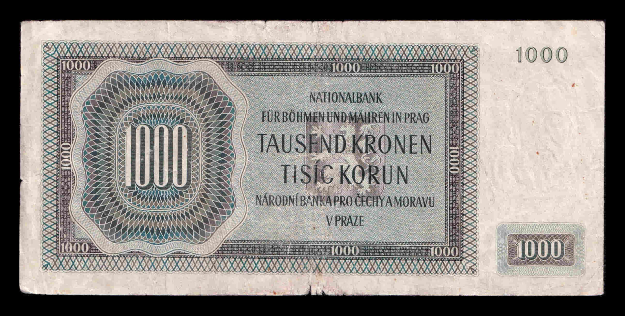 Alternative view of Bohemia & Moravia 1000 Korun Peter Parler 1942 Pick 13a Bc F