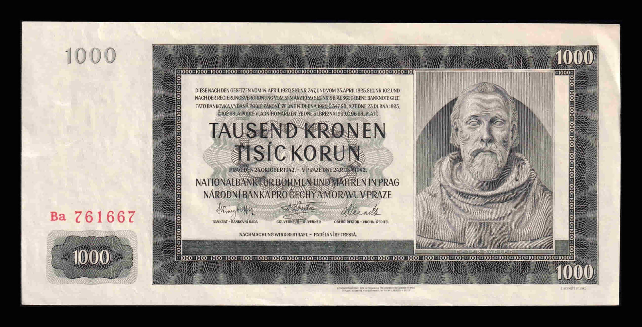 Bohemia & Moravia 1000 Korun Peter Parler 1942 Pick 15a Sc- aUnc