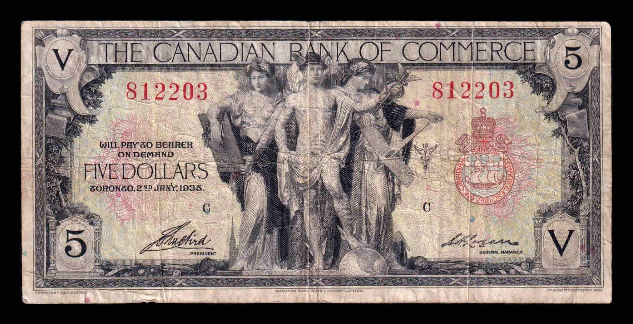 Canadá 5 Dólares Bank of Commerce 1917 Pick S965Ad Bc/Mbc F/Vf