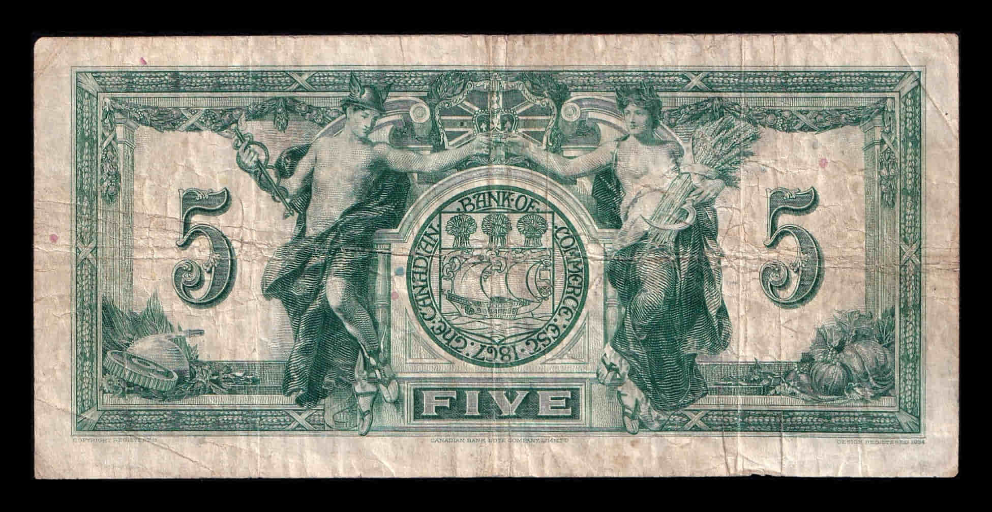 Alternative view of Canadá 5 Dólares Bank of Commerce 1917 Pick S965Ad Bc/Mbc F/Vf