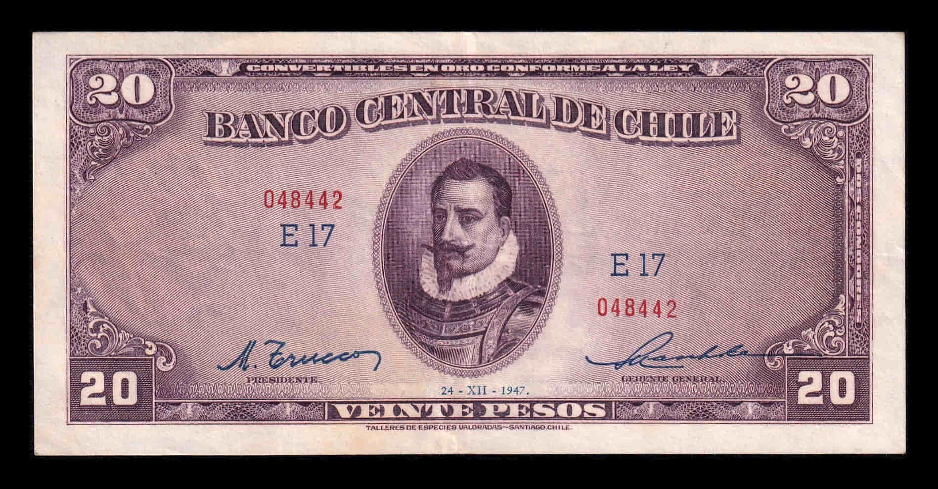 Chile 20 Pesos Pedro de Valdivia 1947 Pick 93b Ebc Xf