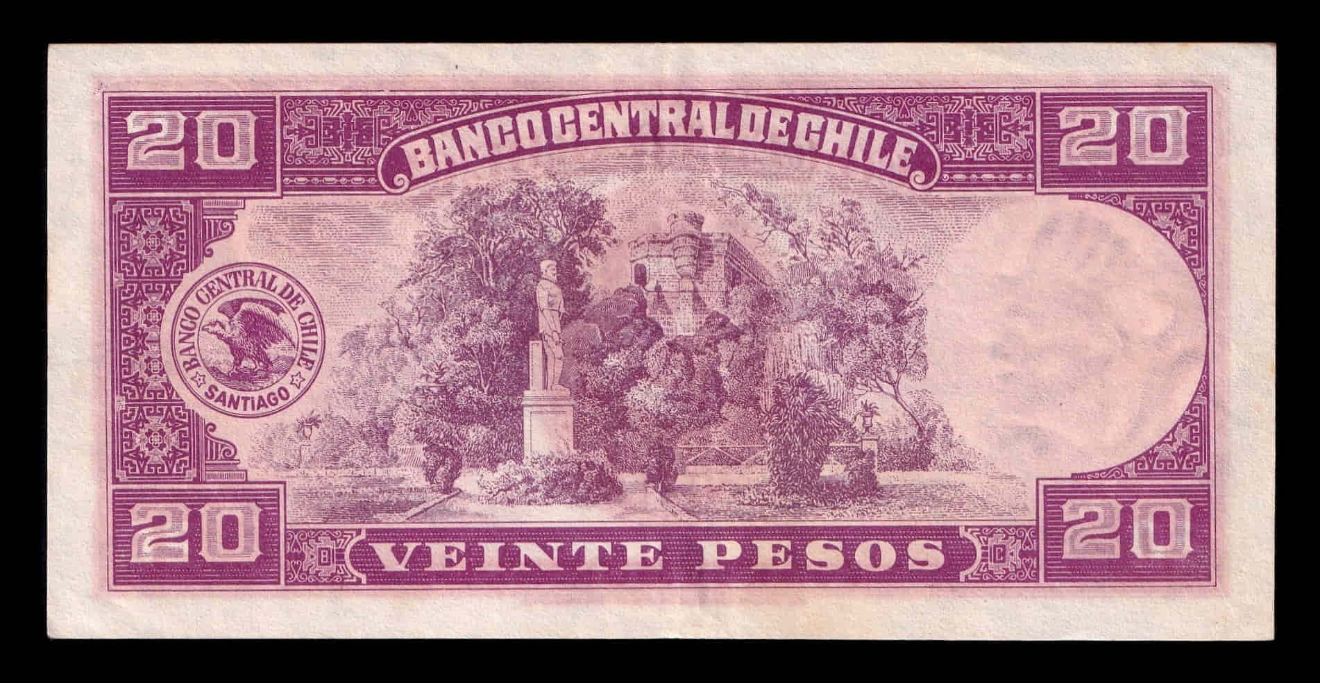 Alternative view of Chile 20 Pesos Pedro de Valdivia 1947 Pick 93b Ebc Xf