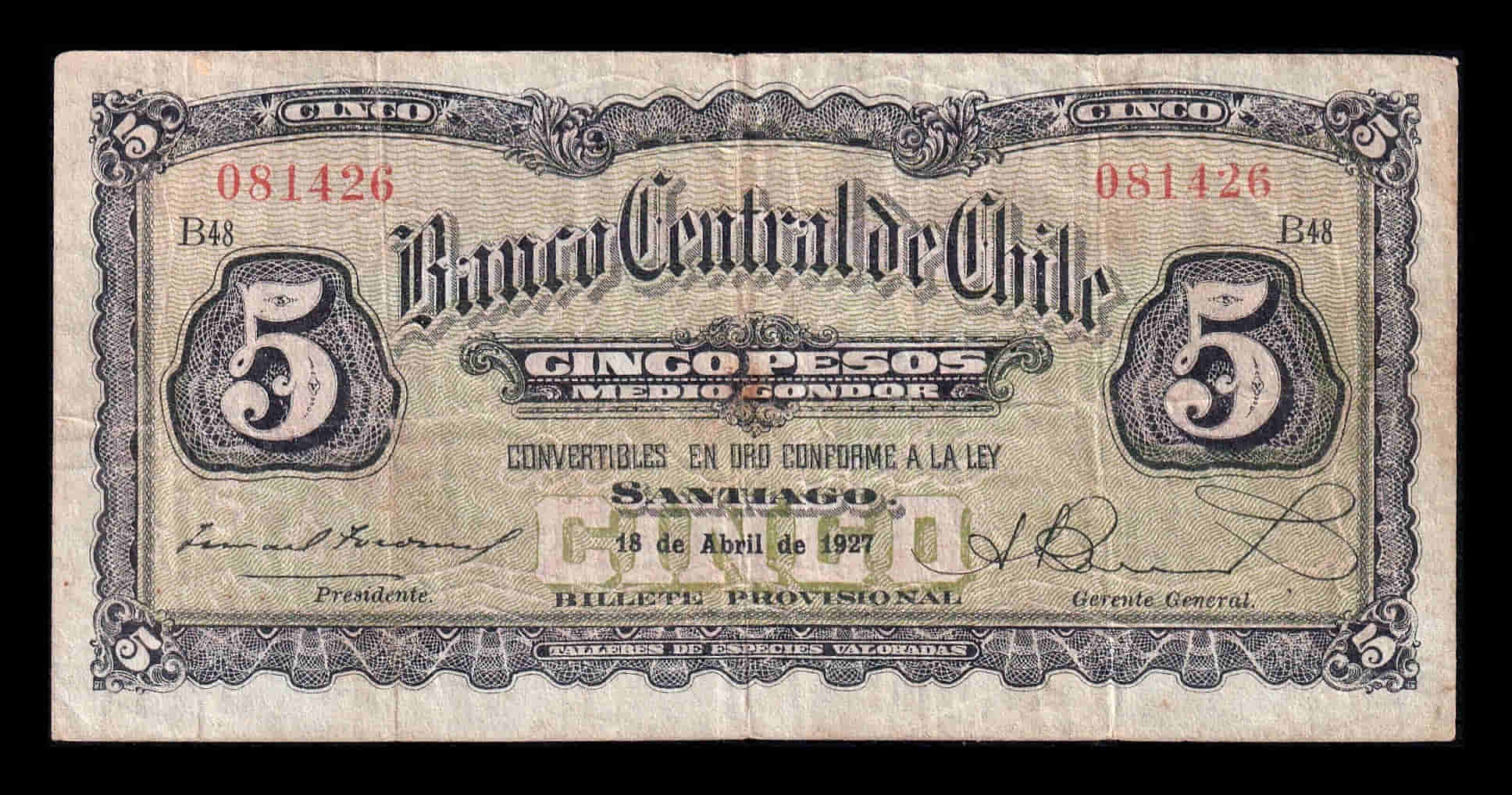 Chile 5 Pesos (½ Condor) 1927 Pick 82a Mbc Vf