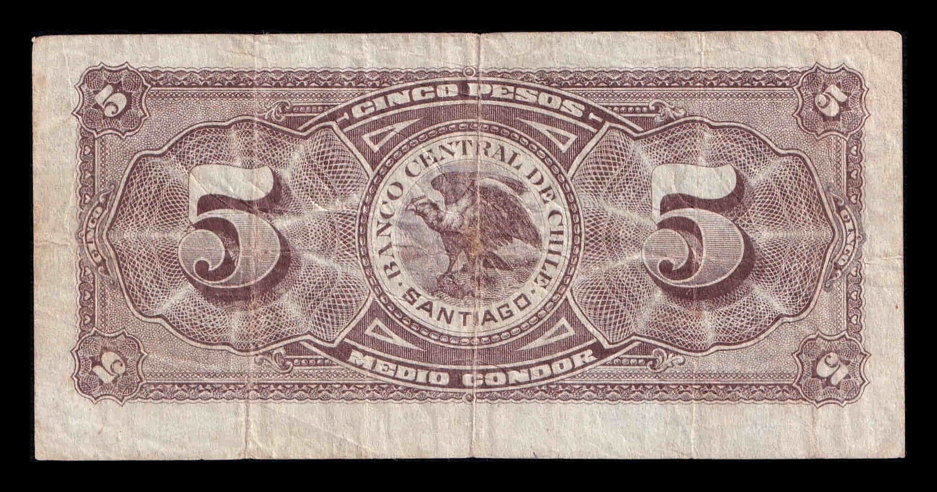 Alternative view of Chile 5 Pesos (½ Condor) 1927 Pick 82a Mbc Vf