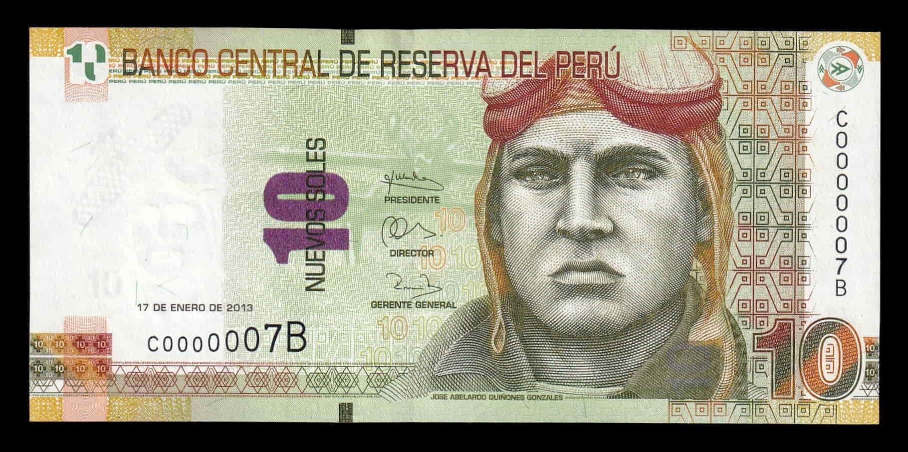 Perú 10 Nuevos Soles José Abelardo Quiñones 2013 Pick 187 Numeración baja Sc Unc