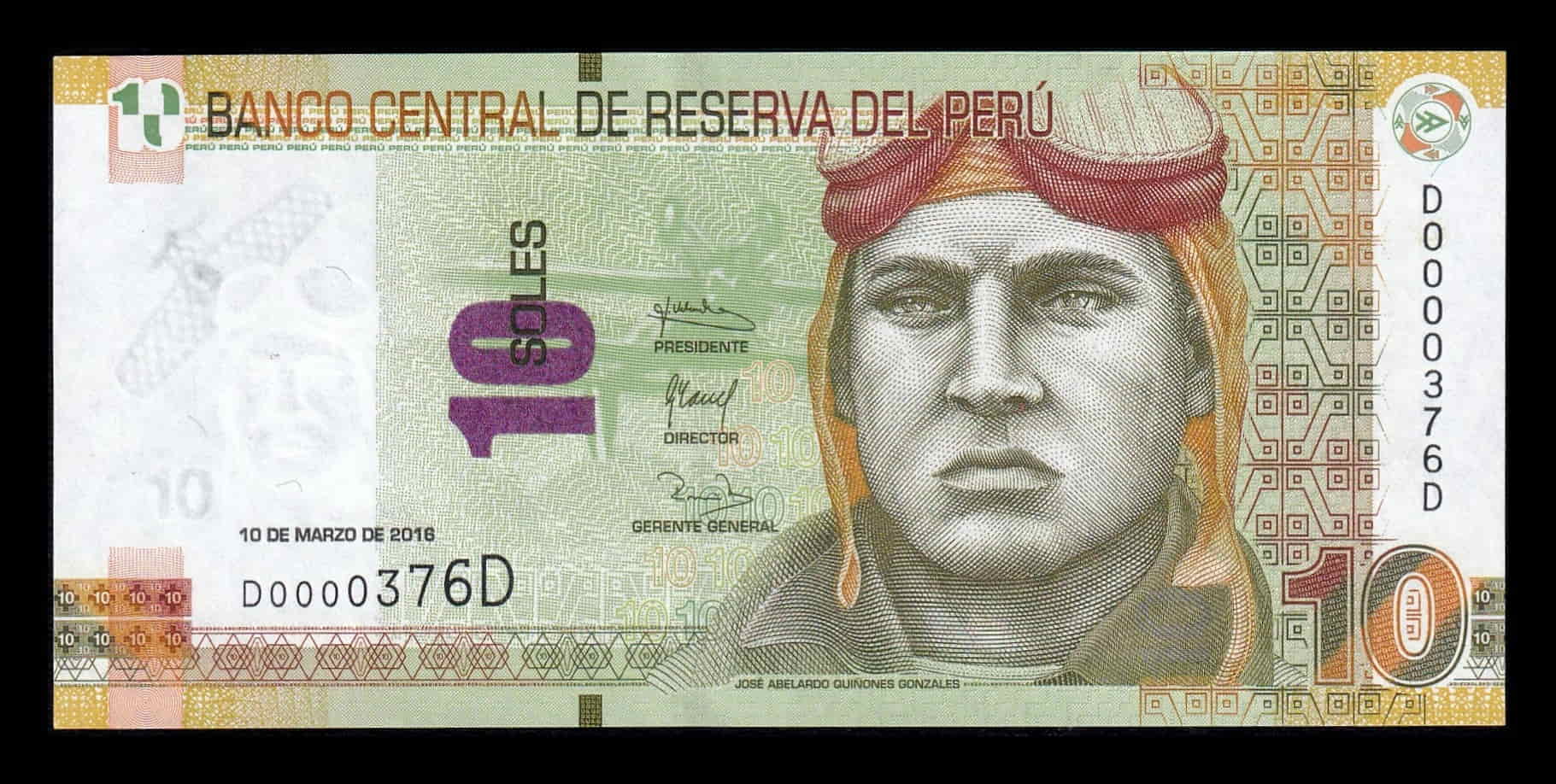 Perú 10 Nuevos Soles José Abelardo Quiñones 2016 Pick 192a Numeración baja Sc Unc