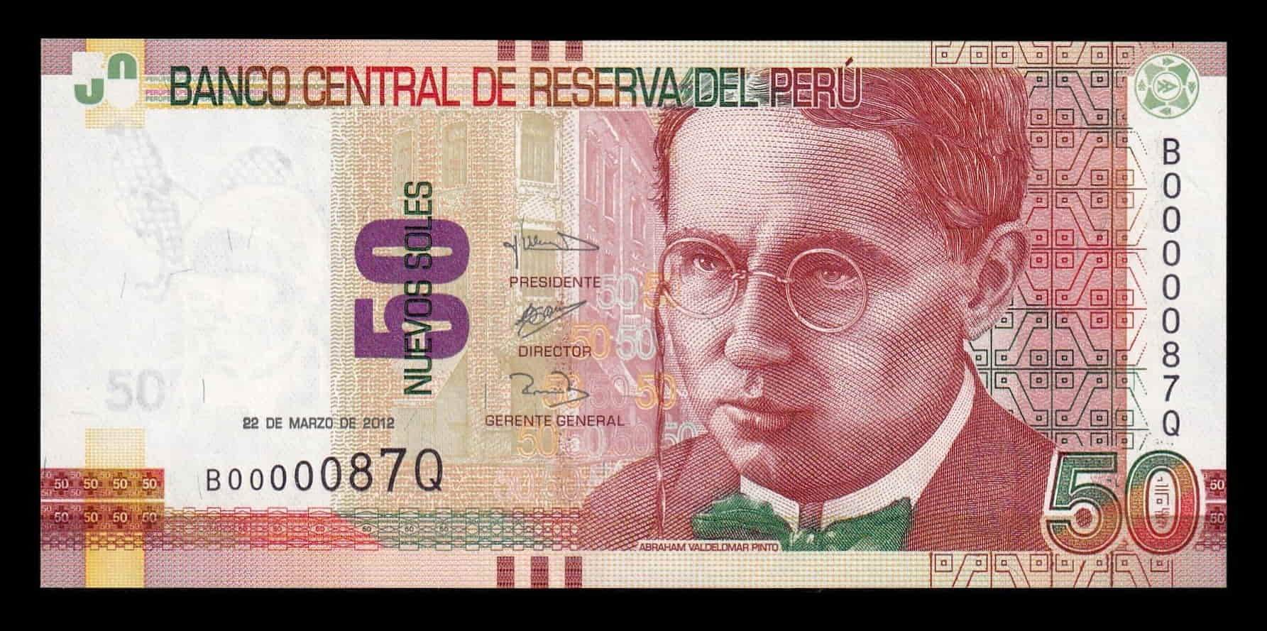 Perú 50 Nuevos Soles Abraham Valdelomar 2012 Pick 189 Numeración baja Sc Unc