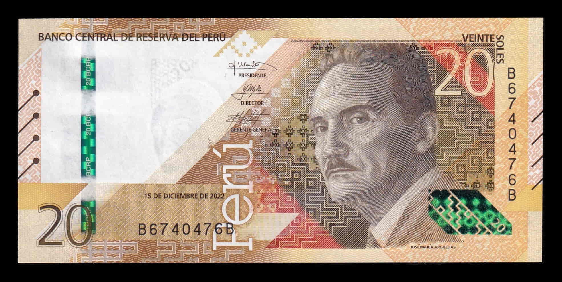 Perú 20 Soles José María Arguedas 2022 Pick 197b Capicua Sc Unc