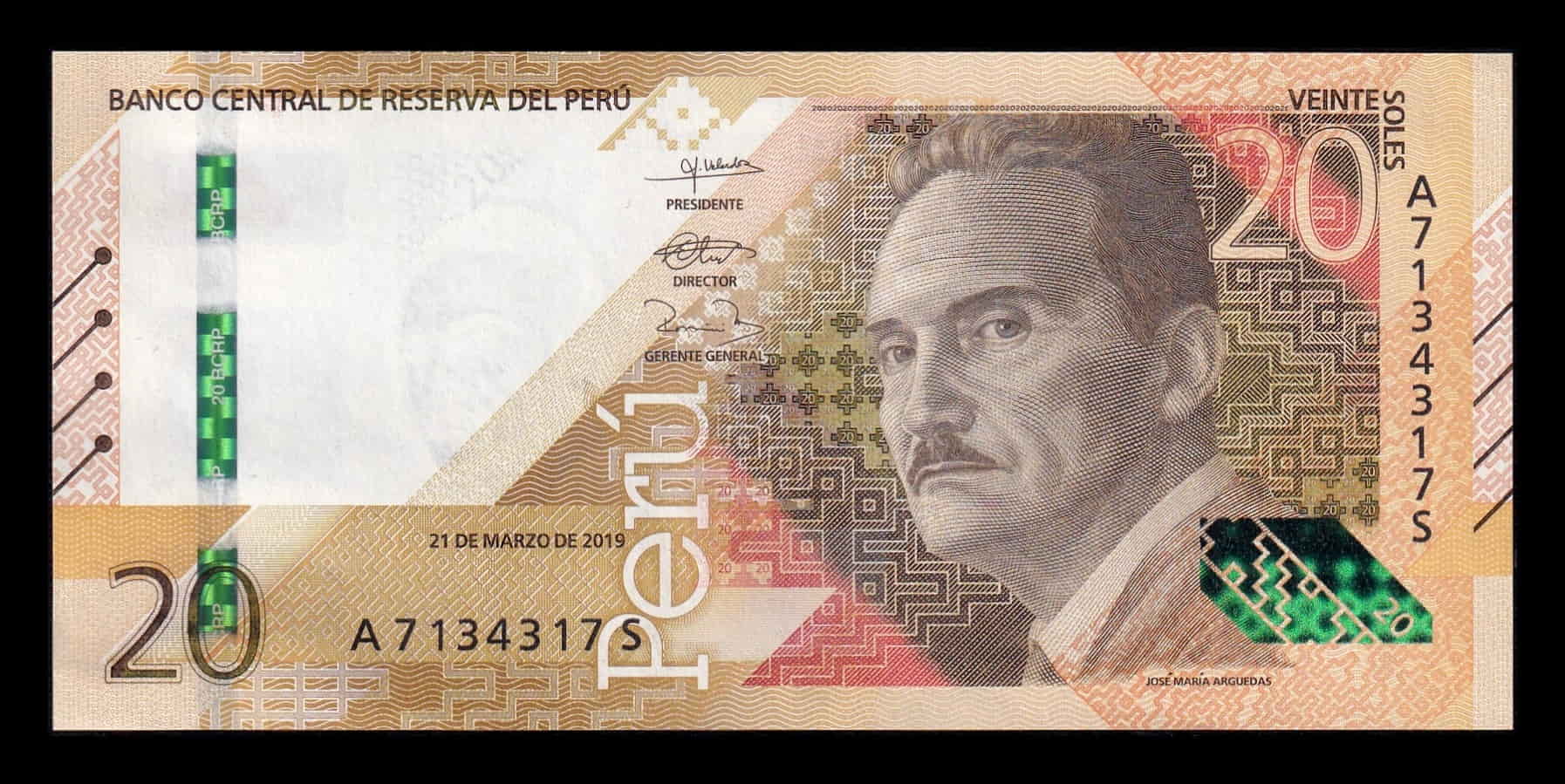 Perú 20 Soles José María Arguedas 2019 Pick 197a Capicua Sc Unc