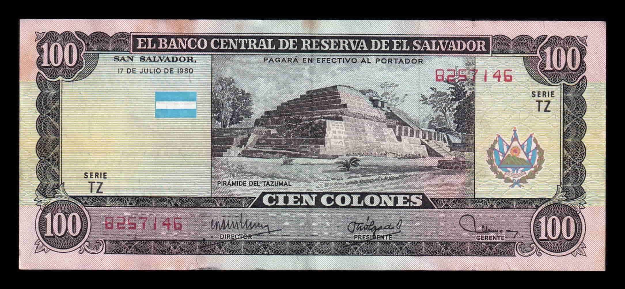 El Salvador 100 Colones 1980 Pick 133b Mbc+/Ebc Vf+/Xf