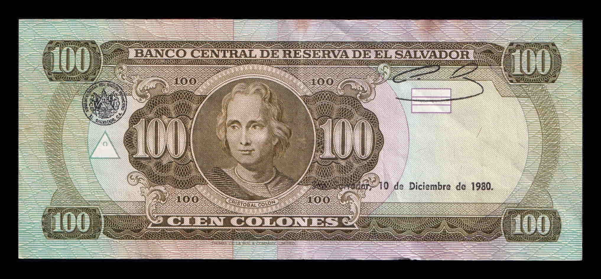 Alternative view of El Salvador 100 Colones 1980 Pick 133b Mbc+/Ebc Vf+/Xf