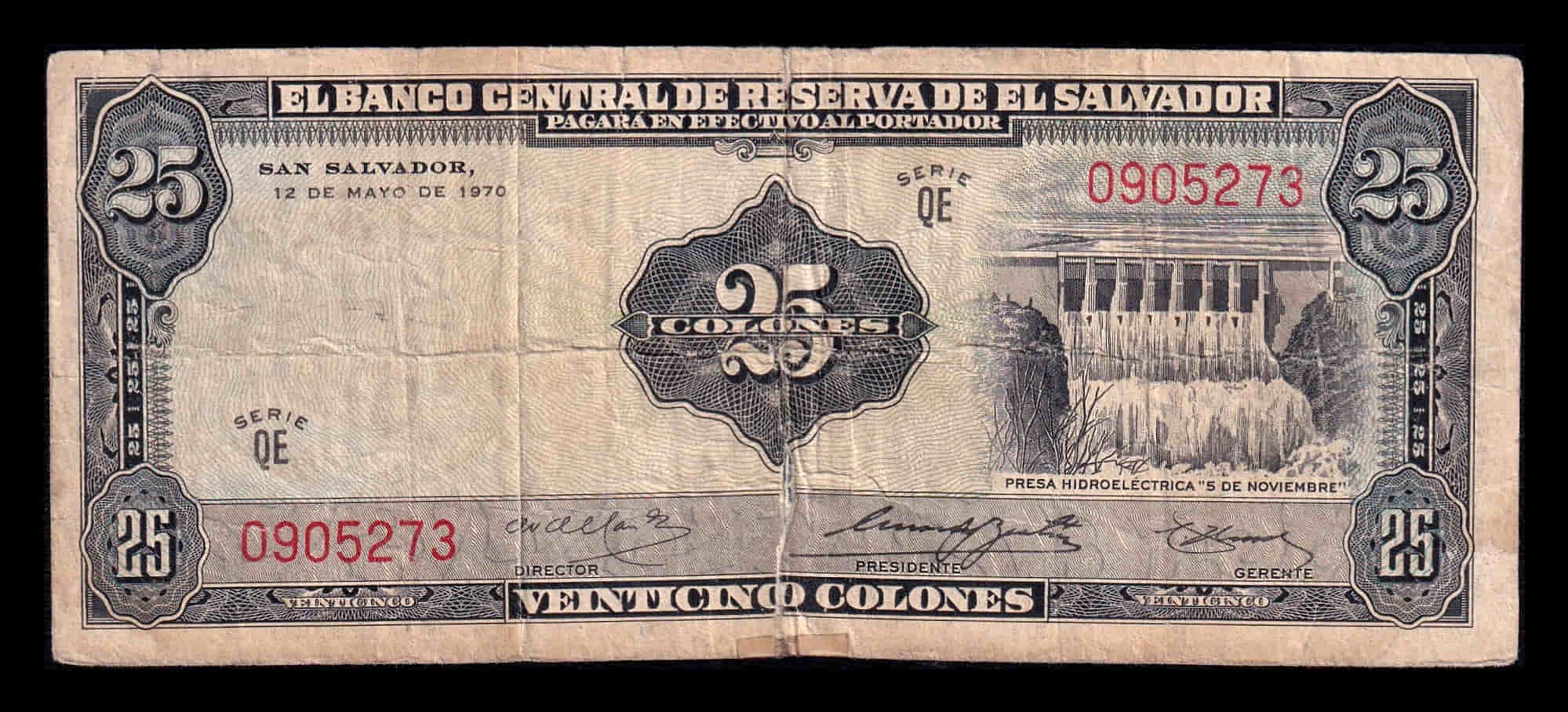 El Salvador 25 Colones 1970 Pick 113a(1) Rc/Bc G/F