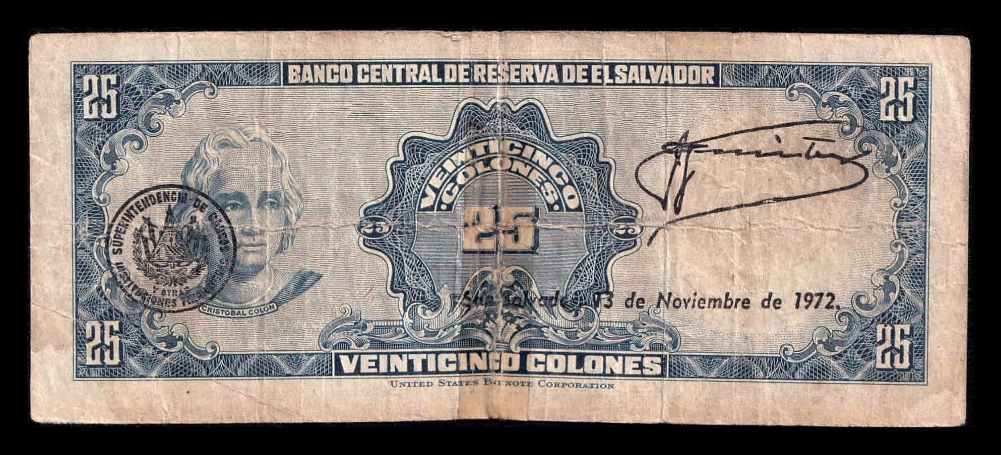Alternative view of El Salvador 25 Colones 1970 Pick 113a(1) Rc/Bc G/F
