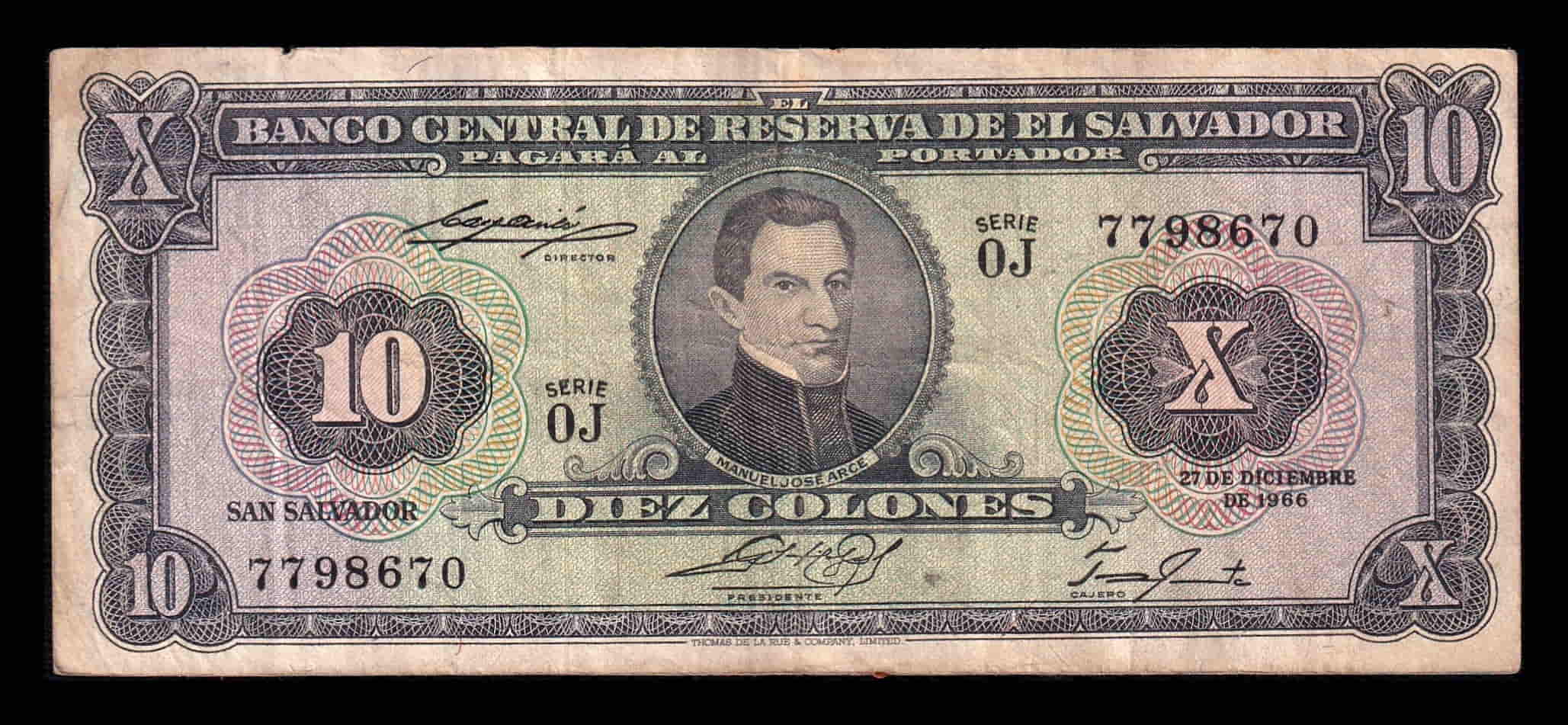 El Salvador 10 Colones Manuel José Arce 1966 Pick 103c Bc/Mbc F/Vf