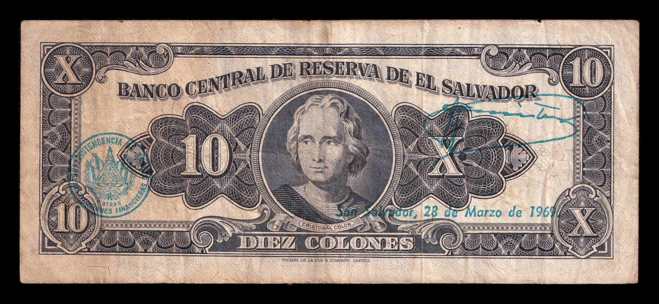 Alternative view of El Salvador 10 Colones Manuel José Arce 1966 Pick 103c Bc/Mbc F/Vf