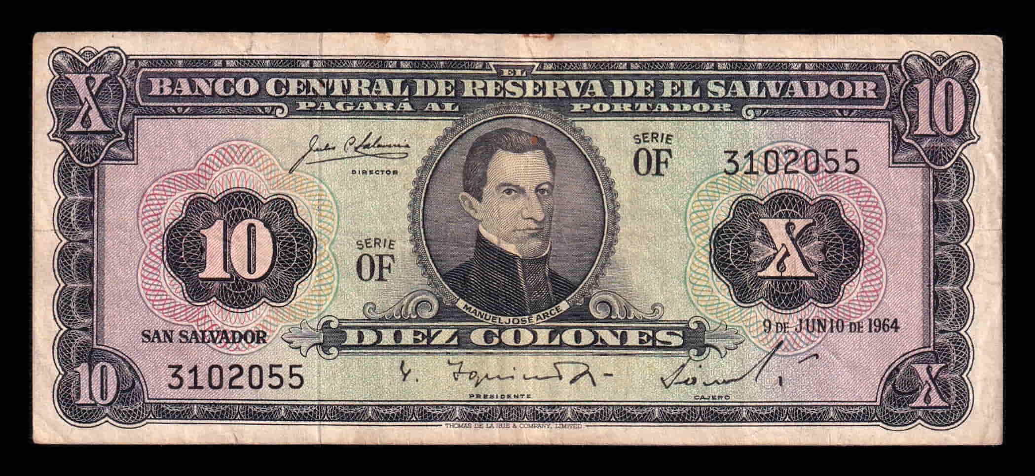 El Salvador 10 Colones Manuel José Arce 1964 Pick 103b Bc/Mbc F/Vf