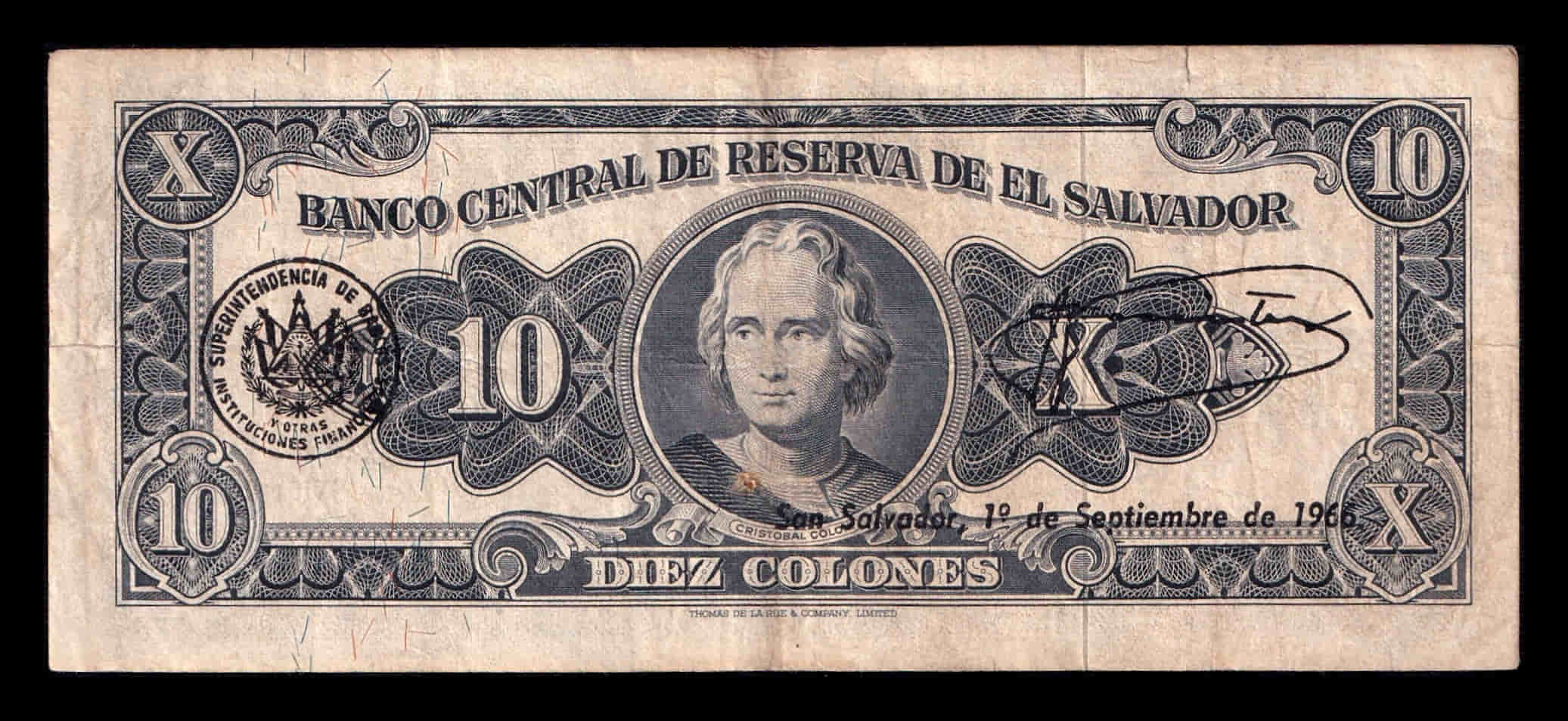 Alternative view of El Salvador 10 Colones Manuel José Arce 1964 Pick 103b Bc/Mbc F/Vf