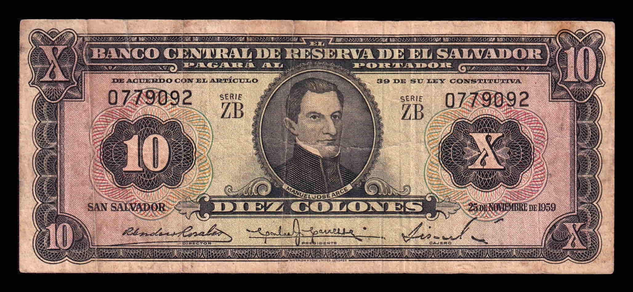 El Salvador 10 Colones Manuel José Arce 1959 Pick 99a Bc F