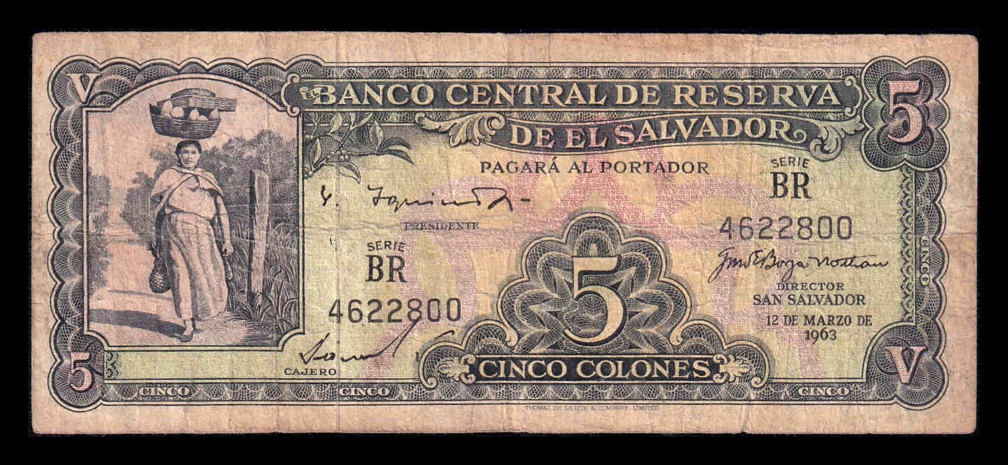 El Salvador 5 Colones 1963 Pick 102b Bc F