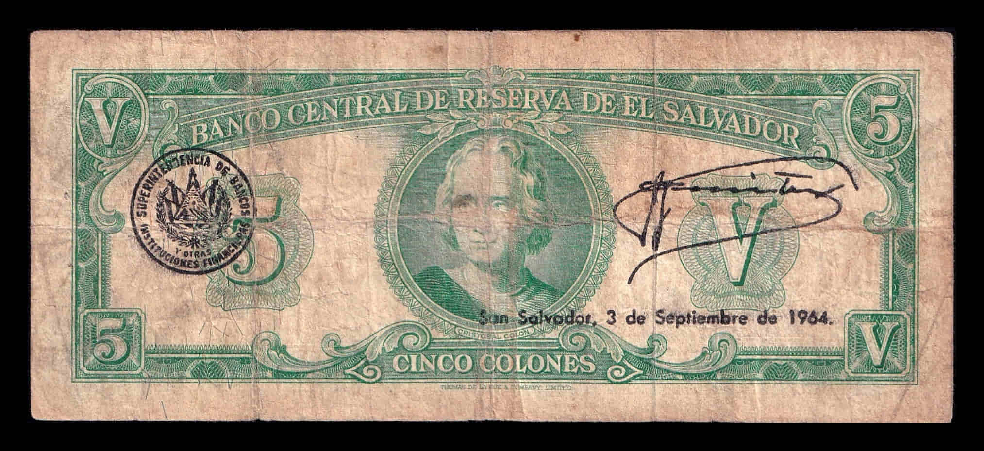 Alternative view of El Salvador 5 Colones 1963 Pick 102b Bc F