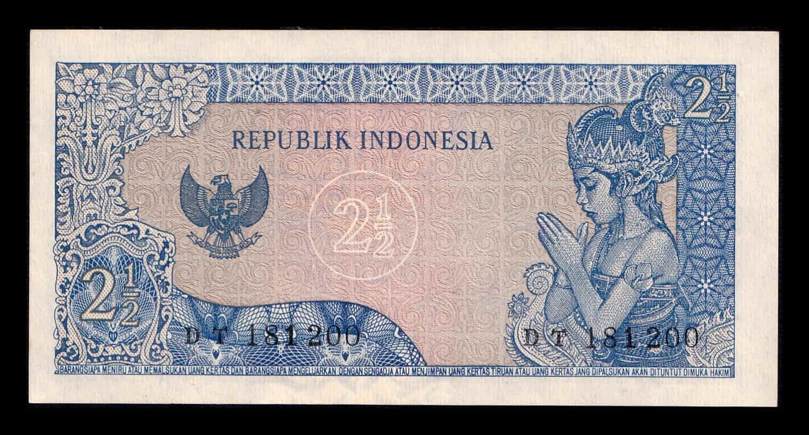 Alternative view of Indonesia 2 1/2 Rupias 1964 Pick 81b Sc Unc