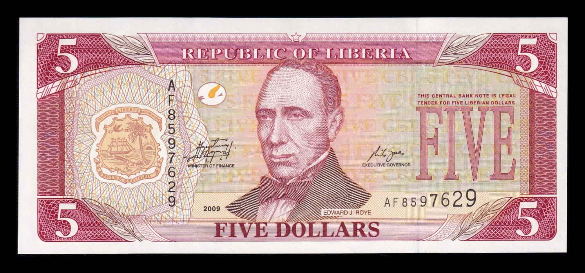 Liberia 5 Dólares Edward James Roye 2009 Pick 26e Sc Unc