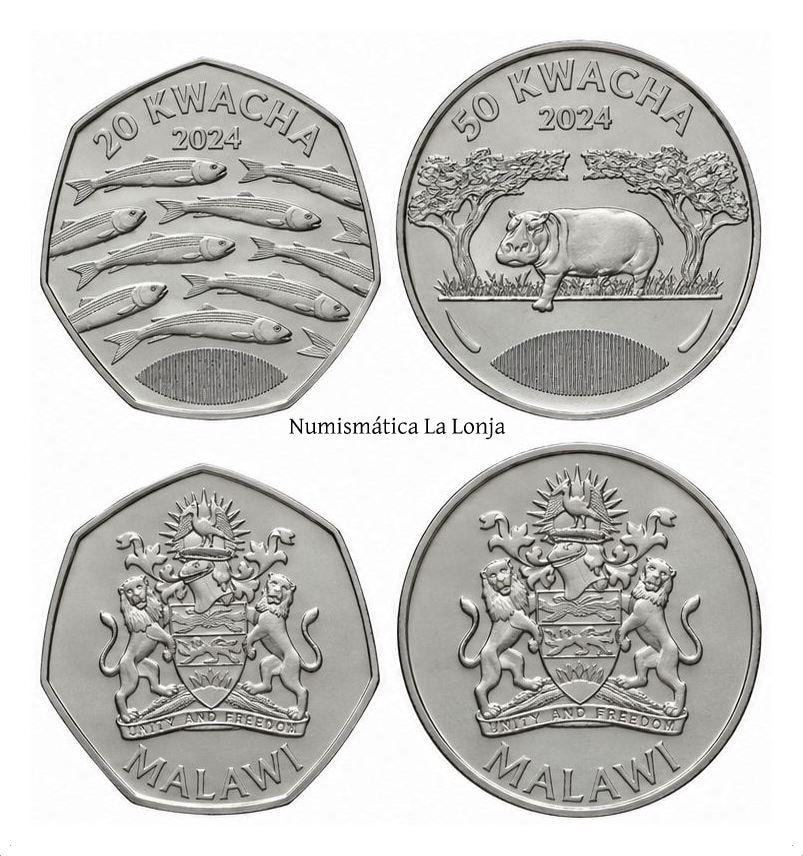 Malawi Set 2 monedas 20 50 Kwacha 2024 (2026) Km Nuevo Sc Unc