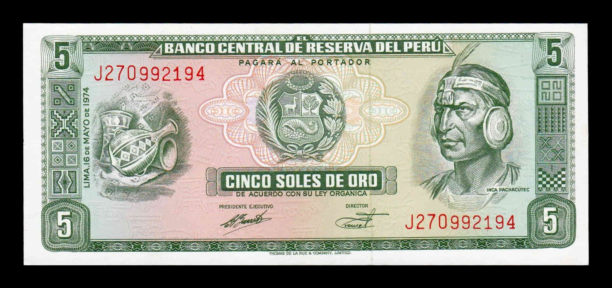 Perú 5 Soles de Oro Inca Pachacutec 16.05.1974 Pick 99c Sc Unc