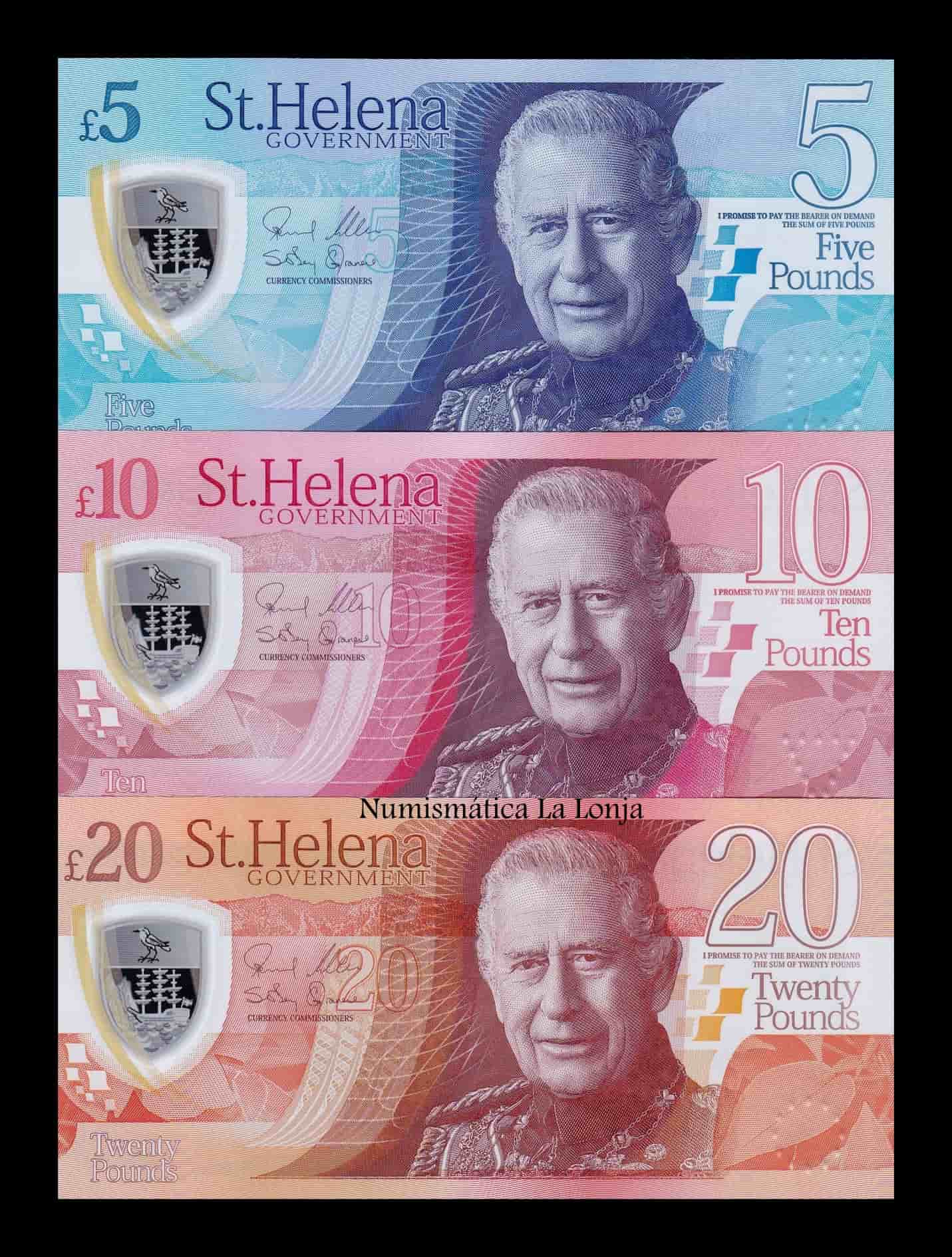 Santa Helena Set 3 billetes 5 10 20 Libras Carlos III 2026 Pick 14 15 16 Nuevo Polímero Sc Unc