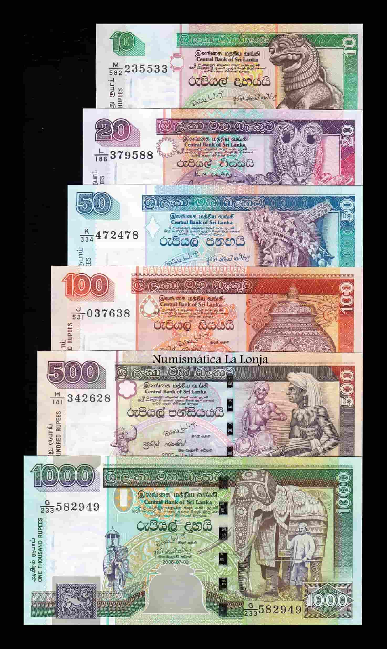 Sri Lanka Set 6 billetes 10 20 50 100 500 1000 Rupias 1995-2006 Pick 108-120 Sc Unc