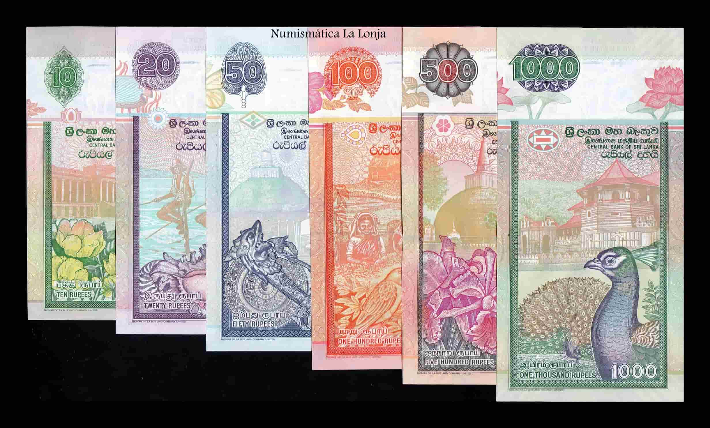 Alternative view of Sri Lanka Set 6 billetes 10 20 50 100 500 1000 Rupias 1995-2006 Pick 108-120 Sc Unc