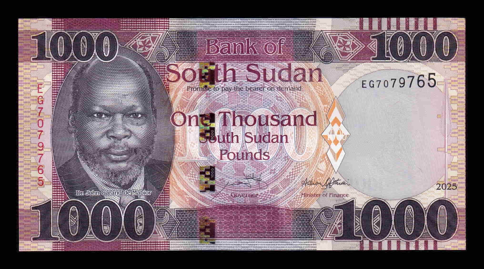 Sudán del Sur 1000 Libras John Garang de Mabior 2025 Pick 21b Sc Unc